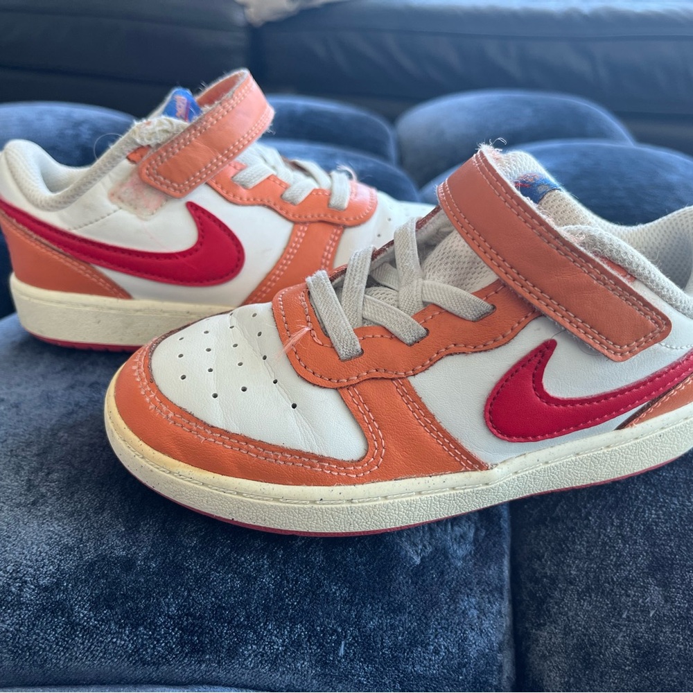 Nike Kids Sneakers - court borough low White, Red, and Orange size 10